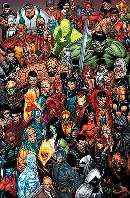 Large group illustration of Marvel superheroes